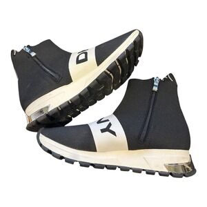 !! SOLD !! DKNY Logo Sock Sneaker Booties K3132057 Black White Zip High Top 8.5‎